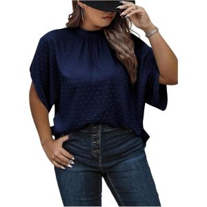 image:imageSOLY HUX Womens Plus Size Dressy Casual Shirts Swiss Dots Mock Neck Blouse Half Sleeve Tie Back Business Work TopsDark Blue