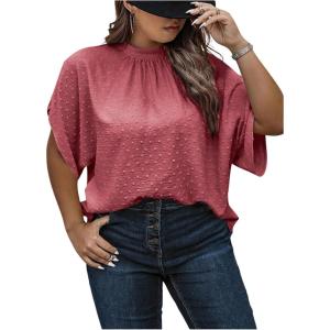 image:imageSOLY HUX Womens Plus Size Dressy Casual Shirts Swiss Dots Mock Neck Blouse Half Sleeve Tie Back Business Work TopsPink
