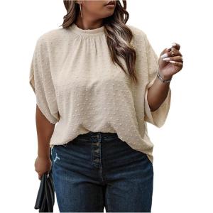 image:imageSOLY HUX Womens Plus Size Dressy Casual Shirts Swiss Dots Mock Neck Blouse Half Sleeve Tie Back Business Work TopsPlain Apricot