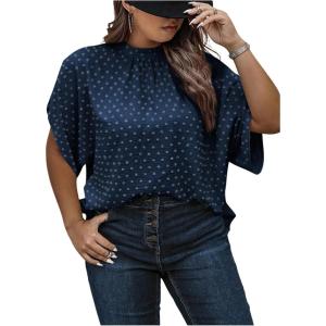 image:imageSOLY HUX Womens Plus Size Dressy Casual Shirts Swiss Dots Mock Neck Blouse Half Sleeve Tie Back Business Work TopsPlain Blue