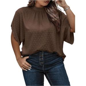 image:imageSOLY HUX Womens Plus Size Dressy Casual Shirts Swiss Dots Mock Neck Blouse Half Sleeve Tie Back Business Work TopsPlain Chocolate Brown