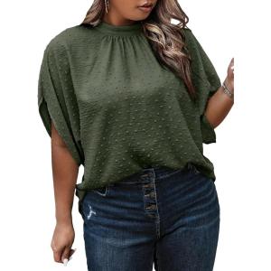 image:imageSOLY HUX Womens Plus Size Dressy Casual Shirts Swiss Dots Mock Neck Blouse Half Sleeve Tie Back Business Work TopsPure Army Green