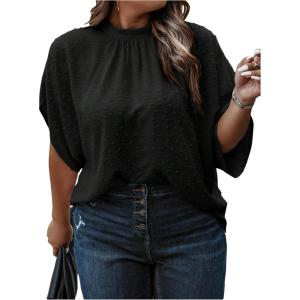 image:imageSOLY HUX Womens Plus Size Dressy Casual Shirts Swiss Dots Mock Neck Blouse Half Sleeve Tie Back Business Work TopsPure Black