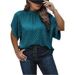 image:imageSOLY HUX Womens Plus Size Dressy Casual Shirts Swiss Dots Mock Neck Blouse Half Sleeve Tie Back Business Work TopsPure Blue