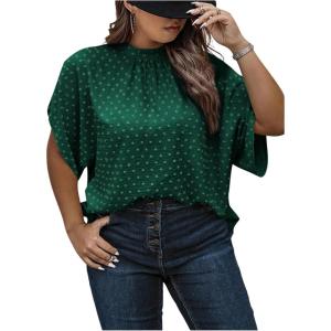 image:imageSOLY HUX Womens Plus Size Dressy Casual Shirts Swiss Dots Mock Neck Blouse Half Sleeve Tie Back Business Work TopsPure Green