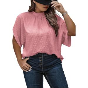 image:imageSOLY HUX Womens Plus Size Dressy Casual Shirts Swiss Dots Mock Neck Blouse Half Sleeve Tie Back Business Work TopsPure Pink