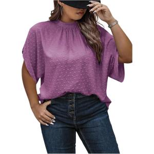 image:imageSOLY HUX Womens Plus Size Dressy Casual Shirts Swiss Dots Mock Neck Blouse Half Sleeve Tie Back Business Work TopsPure Purple