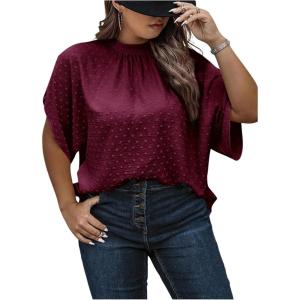 image:imageSOLY HUX Womens Plus Size Dressy Casual Shirts Swiss Dots Mock Neck Blouse Half Sleeve Tie Back Business Work TopsPure Red