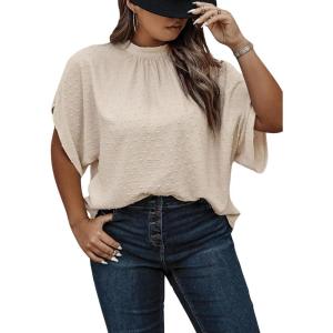 image:imageSOLY HUX Womens Plus Size Dressy Casual Shirts Swiss Dots Mock Neck Blouse Half Sleeve Tie Back Business Work TopsSolid Apricot