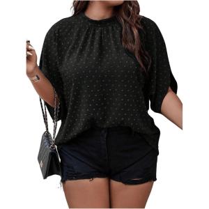 image:imageSOLY HUX Womens Plus Size Dressy Casual Shirts Swiss Dots Mock Neck Blouse Half Sleeve Tie Back Business Work TopsSolid Black