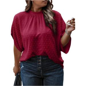 image:imageSOLY HUX Womens Plus Size Dressy Casual Shirts Swiss Dots Mock Neck Blouse Half Sleeve Tie Back Business Work TopsSolid Burgundy
