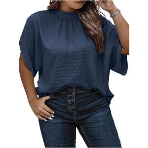 image:imageSOLY HUX Womens Plus Size Dressy Casual Shirts Swiss Dots Mock Neck Blouse Half Sleeve Tie Back Business Work TopsSolid Dark Blue