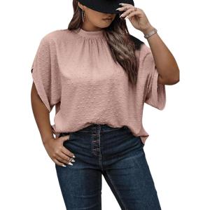 image:imageSOLY HUX Womens Plus Size Dressy Casual Shirts Swiss Dots Mock Neck Blouse Half Sleeve Tie Back Business Work TopsSolid Dusty Pink