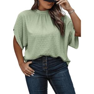 image:imageSOLY HUX Womens Plus Size Dressy Casual Shirts Swiss Dots Mock Neck Blouse Half Sleeve Tie Back Business Work TopsSolid Green