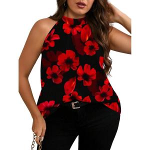 image:imageSOLY HUX Womens Plus Size Floral Halter Tank Top Sleeveless Flowy Summer Going Out ShirtsBlack and Red Floral