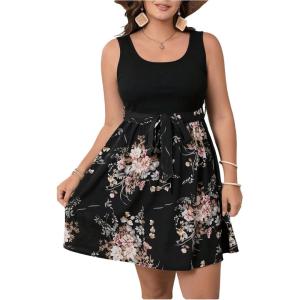 image:imageSOLY HUX Womens Plus Size Floral Tank Dress Sleeveless Square Neck A Line Flowy Belted Summer Short DressesBlack Floral