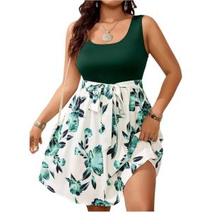 image:imageSOLY HUX Womens Plus Size Floral Tank Dress Sleeveless Square Neck A Line Flowy Belted Summer Short DressesDark Green Floral Printed