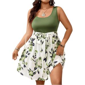image:imageSOLY HUX Womens Plus Size Floral Tank Dress Sleeveless Square Neck A Line Flowy Belted Summer Short DressesGreen Floral