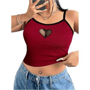 image:imageSOLY HUX Womens Plus Size Goth Cami Crop Tops Contrast Mesh Spaghetti Strap Summer TopBurgundy Heart