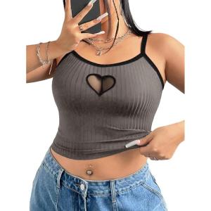 image:imageSOLY HUX Womens Plus Size Goth Cami Crop Tops Contrast Mesh Spaghetti Strap Summer TopGrey Heart