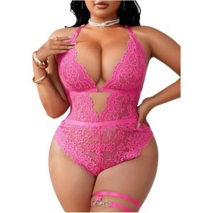 image:imageSOLY HUX Womens Plus Size Lace Lingerie Set Deep V Neck Teddy Bodysuit Babydoll Nightwear with Leg RingPure Hotpink
