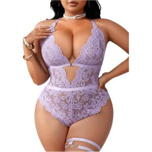 image:imageSOLY HUX Womens Plus Size Lace Lingerie Set Deep V Neck Teddy Bodysuit Babydoll Nightwear with Leg RingPure Mauve Purple
