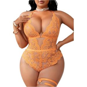 image:imageSOLY HUX Womens Plus Size Lace Lingerie Set Deep V Neck Teddy Bodysuit Babydoll Nightwear with Leg RingPure Orange