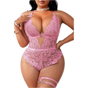 image:imageSOLY HUX Womens Plus Size Lace Lingerie Set Deep V Neck Teddy Bodysuit Babydoll Nightwear with Leg RingPure Pink