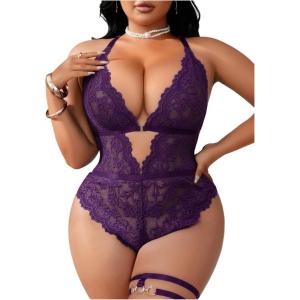 image:imageSOLY HUX Womens Plus Size Lace Lingerie Set Deep V Neck Teddy Bodysuit Babydoll Nightwear with Leg RingPure Purple