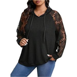 image:imageSOLY HUX Womens Plus Size Lace Long Sleeve Hoodies Hooded Sweatshirts Casual Loose Pullover TopsPure Black