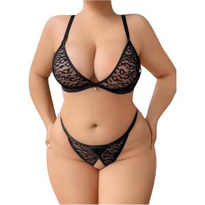 image:imageSOLY HUX Womens Plus Size Lingerie Set Lace Sheer Deep V Neck Bra and Panty Sexy UnderwearPlain Black