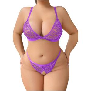 image:imageSOLY HUX Womens Plus Size Lingerie Set Lace Sheer Deep V Neck Bra and Panty Sexy UnderwearPlain Purple