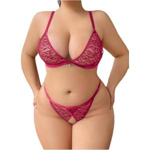 image:imageSOLY HUX Womens Plus Size Lingerie Set Lace Sheer Deep V Neck Bra and Panty Sexy UnderwearPlain Red