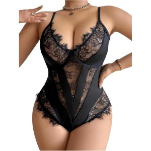 image:imageSOLY HUX Womens Plus Size Lingerie Sexy Bodysuit Lace Sheer One Piece Cami Teddy Babydoll NightwearPlain Black