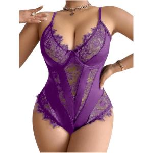 image:imageSOLY HUX Womens Plus Size Lingerie Sexy Bodysuit Lace Sheer One Piece Cami Teddy Babydoll NightwearPlain Purple