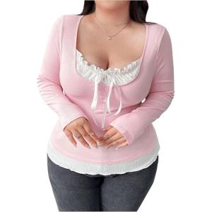 image:imageSOLY HUX Womens Plus Size Long Sleeve TShirts 2 in 1 Tie Front Fitted Tee Tops Coquette Aesthetic ClothesPink and White