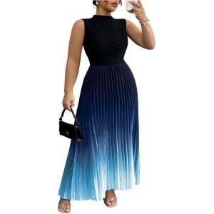 image:imageSOLY HUX Womens Plus Size Maxi Dress Ombre Mock Neck Sleeveless Pleated A Line Flowy Long DressesBlue Gradient