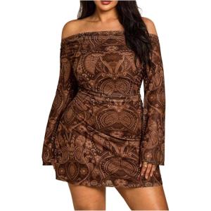 image:imageSOLY HUX Womens Plus Size Off The Shoulder Tie Dye Mini Dress Flared Long Sleeve Bodycon Party DressBrown Paisley