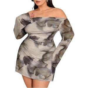 image:imageSOLY HUX Womens Plus Size Off The Shoulder Tie Dye Mini Dress Flared Long Sleeve Bodycon Party DressGrey Multi