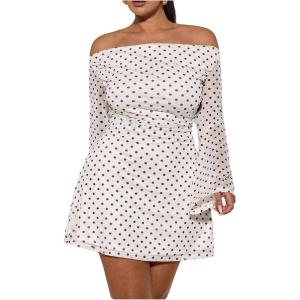 image:imageSOLY HUX Womens Plus Size Off The Shoulder Tie Dye Mini Dress Flared Long Sleeve Bodycon Party DressWhite Polka Dots