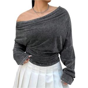 image:imageSOLY HUX Womens Plus Size Off The Shoulder Top Asymmetrical Neck Long Sleeve T Shirts Vintage StreetwearPure Black