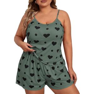 image:imageSOLY HUX Womens Plus Size Pajama Set 2 Piece Cute Heart Print Lounge Cami Top and Elastic Waist Shorts Pjs SleepwearArmy Green Heart