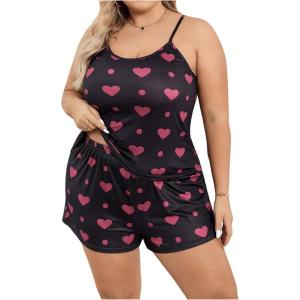 image:imageSOLY HUX Womens Plus Size Pajama Set 2 Piece Cute Heart Print Lounge Cami Top and Elastic Waist Shorts Pjs SleepwearBlack Heart Graphic