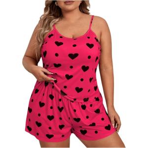 image:imageSOLY HUX Womens Plus Size Pajama Set 2 Piece Cute Heart Print Lounge Cami Top and Elastic Waist Shorts Pjs SleepwearHotpink Heart Print