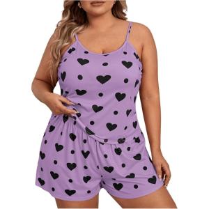 image:imageSOLY HUX Womens Plus Size Pajama Set 2 Piece Cute Heart Print Lounge Cami Top and Elastic Waist Shorts Pjs SleepwearMauve Purple Heart Print