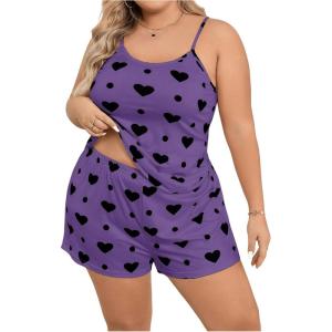 image:imageSOLY HUX Womens Plus Size Pajama Set 2 Piece Cute Heart Print Lounge Cami Top and Elastic Waist Shorts Pjs SleepwearPurple Heart Printed