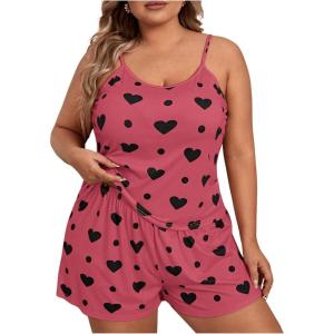 image:imageSOLY HUX Womens Plus Size Pajama Set 2 Piece Cute Heart Print Lounge Cami Top and Elastic Waist Shorts Pjs SleepwearRose Red Heart Print