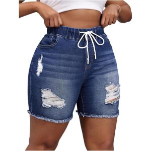 image:imageSOLY HUX Womens Plus Size Ripped Denim Shorts Distressed Drawstring High Waisted Skinny Jean Short PantsDark Wash