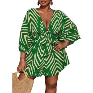 image:imageSOLY HUX Womens Plus Size Romper Striped V Neck Tie Front 34 Sleeve Loose Short JumpsuitGreen Print