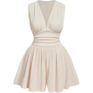 image:imageSOLY HUX Womens Plus Size Ruched Deep V Neck Romper Summer Sleeveless Wide leg Short JumpsuitsPlain Apricot